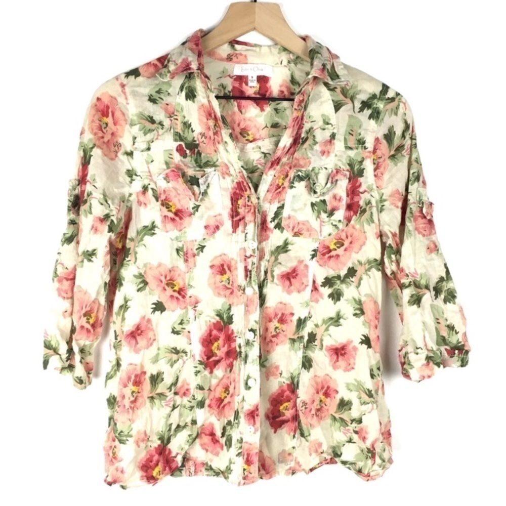 EDEN & Olivia Top Button Up Shirt Floral Roll Tab Sleeves Garden Party Small